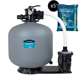 Groupe de filtration 1.5CV 22m³/h Ø635mm vanne Top 6 voies + Verre filtrant 0,5-1,0mm 5x25 Kg