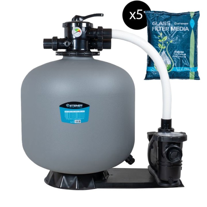 Groupe de filtration 1.5CV 22m³/h Ø635mm vanne Top 6 voies + Verre filtrant 0,5-1,0mm 5x25 Kg