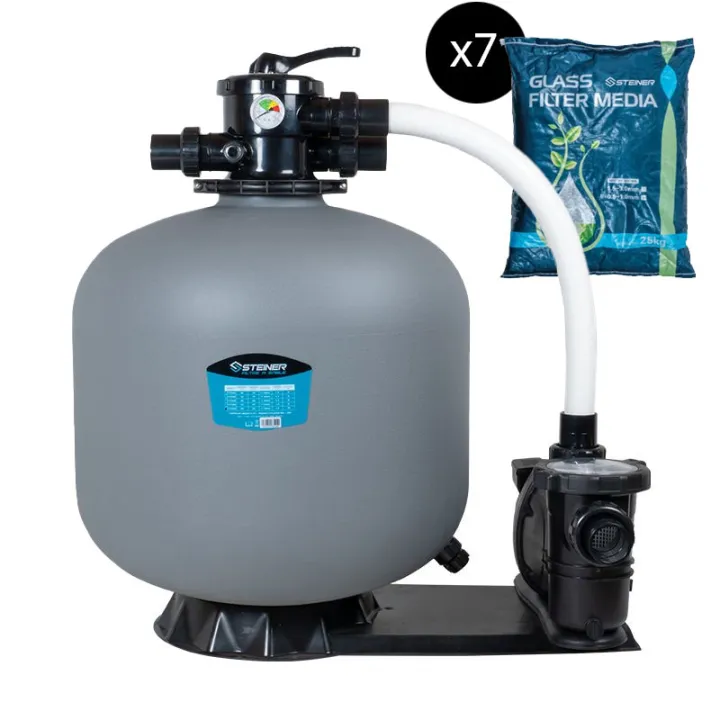 Groupe de filtration 2.2CV 27m³/h Ø710mm vanne Top 6 voies + Verre filtrant 0,5-1,0mm 7x25 Kg
