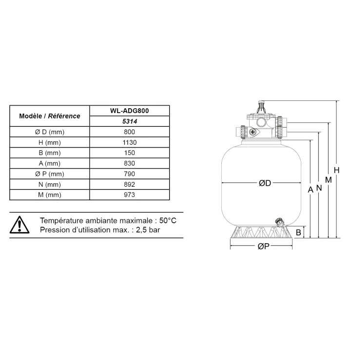 Filtre à sable renforcé de fibre de verre Ø800mm 25m³/h vanne 2" Top 6 voies + Verre filtrant 0,5-1,0mm 8x25 Kg