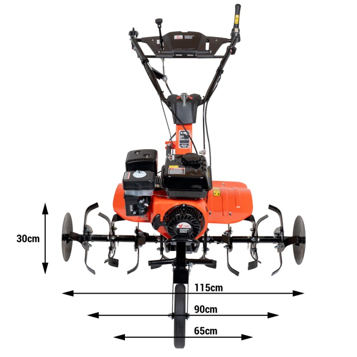 Motoculteur motobineuse thermique essence 8CV - 223cc à engrenages + 8 fraises + 2 roues + buteur + charrue + arracheuse