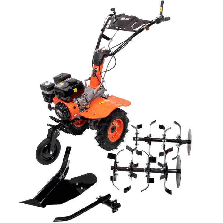Motoculteur motobineuse thermique essence 8CV - 223cc à engrenages + 8 fraises + 2 roues + buteur + charrue + arracheuse