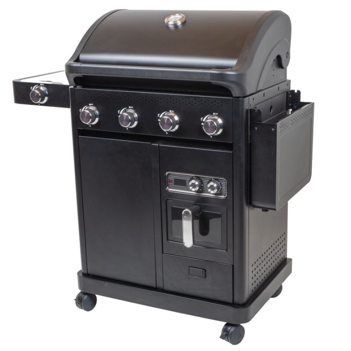Barbecue gaz ROSTER 5 brûleurs dont 1 latéral avec plancha et grilles de cuisson combinées + Air Fryer 6L 1700W