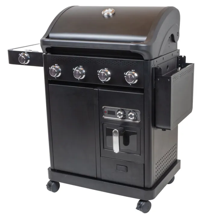 Barbecue gaz ROSTER 5 brûleurs dont 1 latéral avec plancha et grilles de cuisson combinées + Air Fryer 6L 1700W