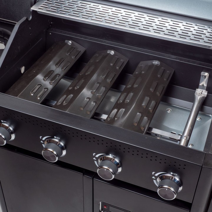 Barbecue gaz ROSTER 5 brûleurs dont 1 latéral avec plancha et grilles de cuisson combinées + Air Fryer 6L 1700W