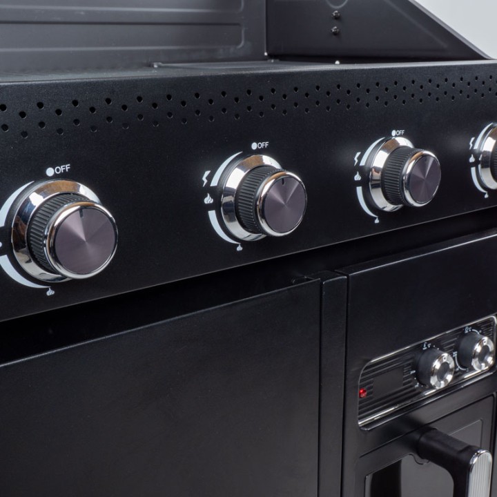 Barbecue gaz ROSTER 5 brûleurs dont 1 latéral avec plancha et grilles de cuisson combinées + Air Fryer 6L 1700W
