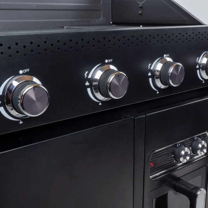 Barbecue gaz ROSTER 5 brûleurs dont 1 latéral avec plancha et grilles de cuisson combinées + Air Fryer 6L 1700W