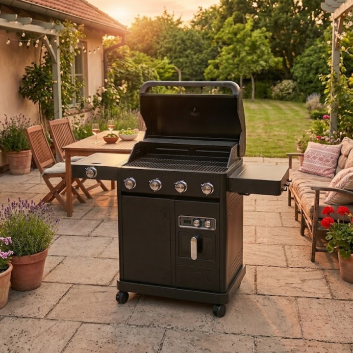 Barbecue gaz ROSTER 5 brûleurs dont 1 latéral avec plancha et grilles de cuisson combinées + Air Fryer 6L 1700W