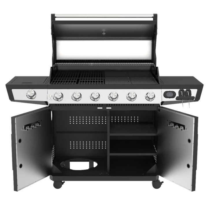 Barbecue gaz ROSTER 7 brûleurs dont 1 latéral avec planchas et grilles de cuisson combinées
