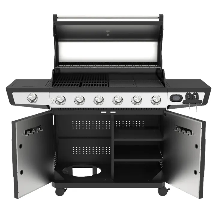 Barbecue gaz ROSTER 7 brûleurs dont 1 latéral avec planchas et grilles de cuisson combinées