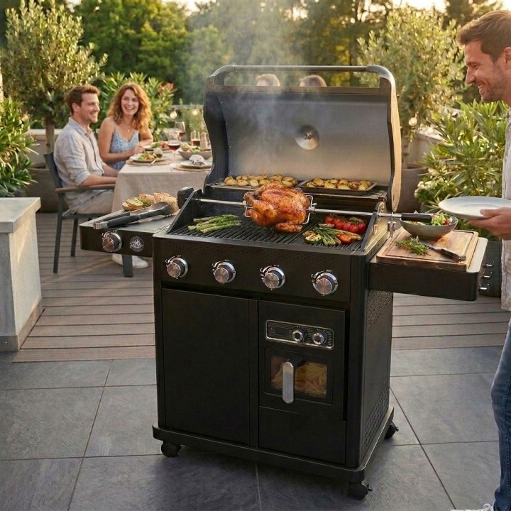 Barbecue gaz 5 brûleurs + Air Fryer 6L 1700W - BBQ plancha et grilles de cuisson combinées ROSTER