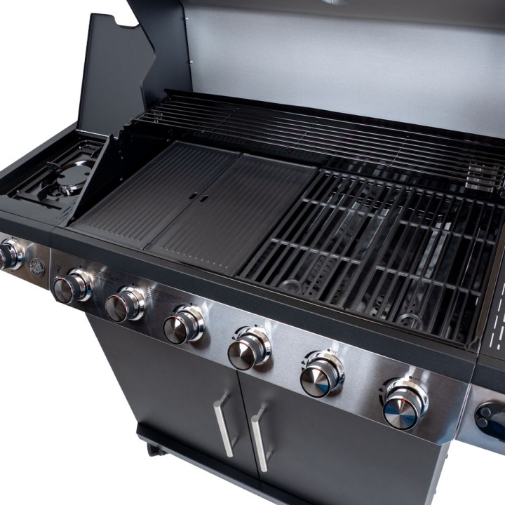 Barbecue gaz 7 brûleurs dont 1 latéral avec planchas et grilles de cuisson combinées ROSTER 