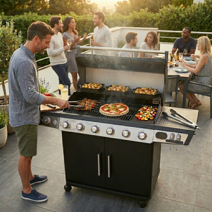Barbecue gaz 7 brûleurs dont 1 latéral avec planchas et grilles de cuisson combinées ROSTER 