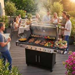 Barbecue gaz 7 brûleurs dont 1 latéral avec planchas et grilles de cuisson combinées ROSTER 