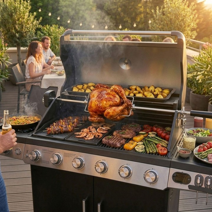 Barbecue gaz 7 brûleurs dont 1 latéral avec planchas et grilles de cuisson combinées ROSTER 