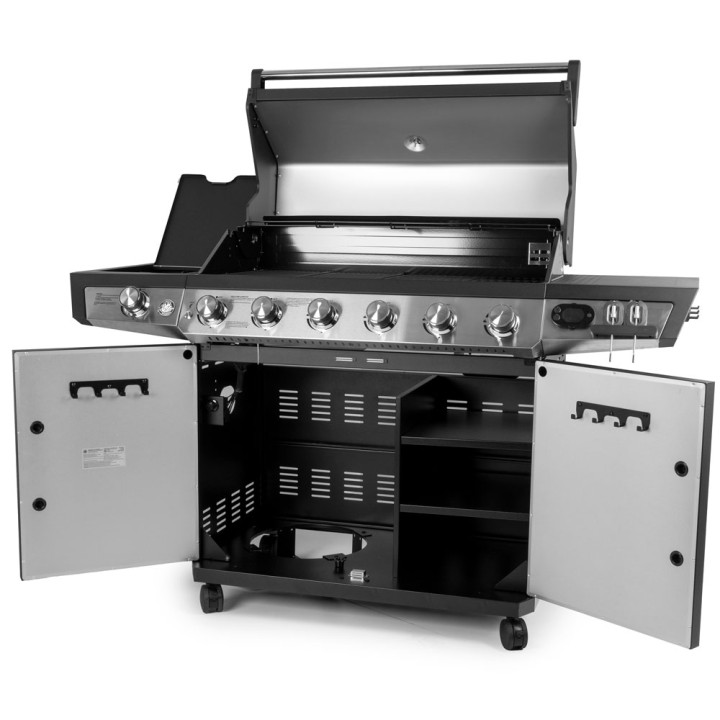 Barbecue gaz 7 brûleurs dont 1 latéral avec planchas et grilles de cuisson combinées ROSTER 