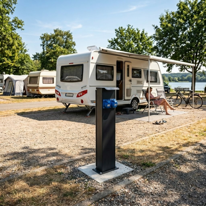 Potelet camping 80cm fenêtre arrière 2 prises CEE 16A avec protection OHMTEC