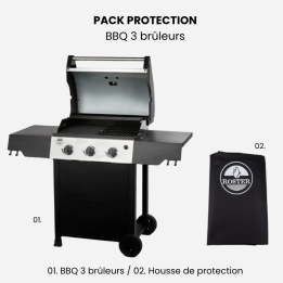 Barbecue gaz ROSTER 3 brûleurs avec plancha/grille + housse imperméable