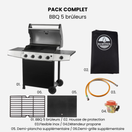 Pack complet BBQ gaz 5 feux ROSTER + housse + accessoires