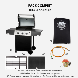 Pack complet BBQ gaz 3 feux ROSTER + housse + accessoires