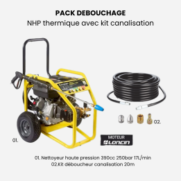 Pack nettoyeur haute-pression thermique 390cc 250 bar + déboucheur canalisation 20m STEINER