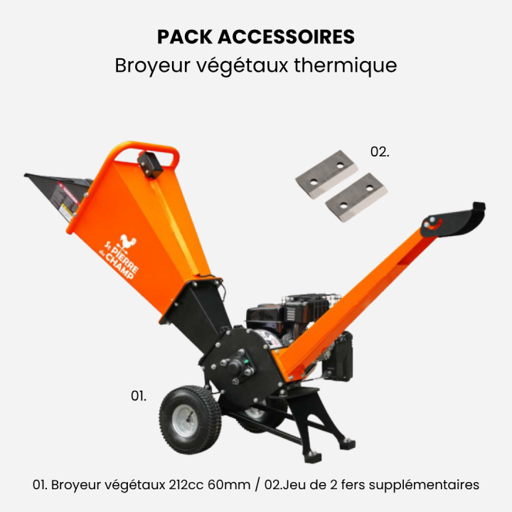 Pack broyeur de végétaux thermique 212cc 60mm + 2 fers ST PIERRE DU CHAMP