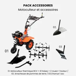 Motoculteur motobineuse thermique essence 8CV - 223cc à engrenages + 8 fraises + 2 roues + buteur + charrue + arracheuse