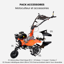 Motoculteur motobineuse thermique essence 8CV - 223cc à engrenages + charrue brabant + 2 roues métalliques