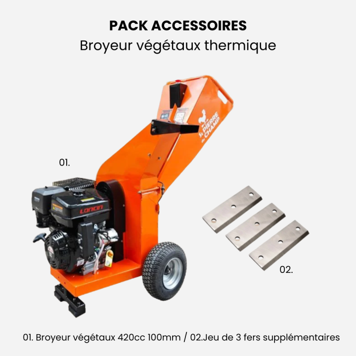 Pack broyeur de végétaux thermique 420cc 100mm + démarrage électrique + 3 fers ST PIERRE DU CHAMP