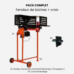 Pack Fendeur de Bûches Electrique 6T 2200W + Support pour Fendeur + Croix de Fendage