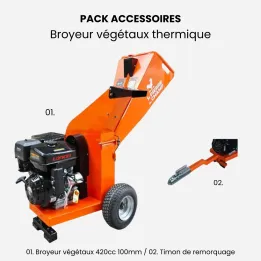 Pack broyeur de végétaux thermique420cc 100mm + démarrage électrique + timon de remorquage ST PIERRE DU CHAMP