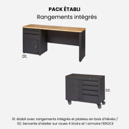 Pack établi avec rangements intégrés et plateau en bois d'Hévéa + servante d'atelier sur roues 4 tiroirs et 1 armoire FEROCE