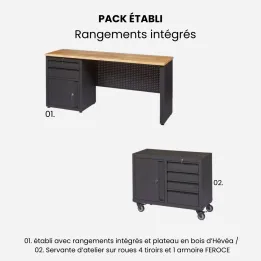 Pack établi avec rangements intégrés et plateau en bois d'Hévéa + servante d'atelier sur roues 4 tiroirs et 1 armoire FEROCE