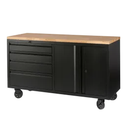 Établi d'atelier mobile sur roues 160x60.5x94cm avec rangements intégrés et plateau en bois d'Hévéa FEROCE