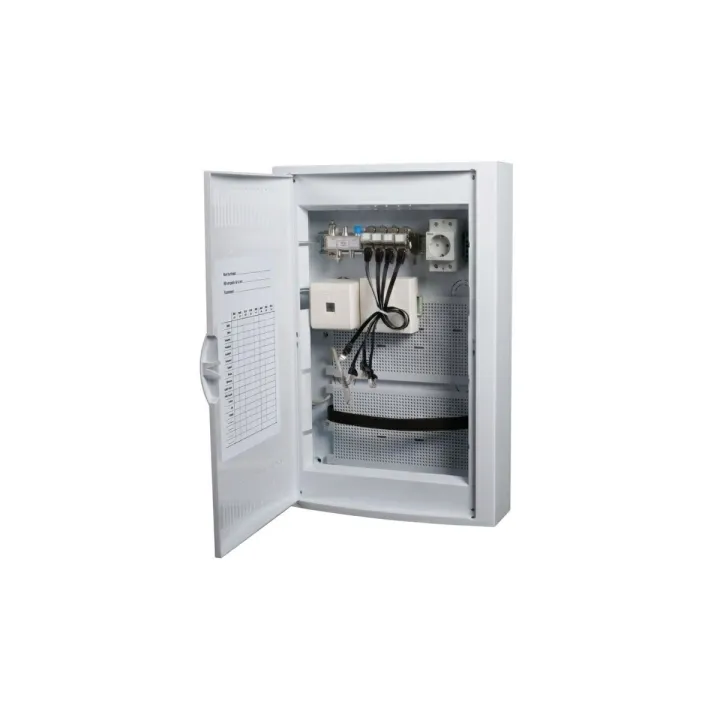 Coffret de Communication TEL/TV WIFI/ADSL + DTIO avec 4 connecteurs RJ45 Grade 2 + emplacement box DOMOLEC